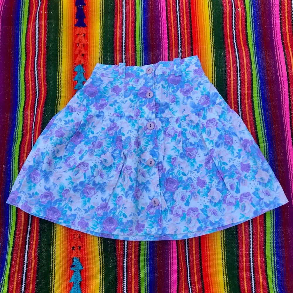 80's Vintage High Waisted Button Front Girls Skirt Pastel Florals 4